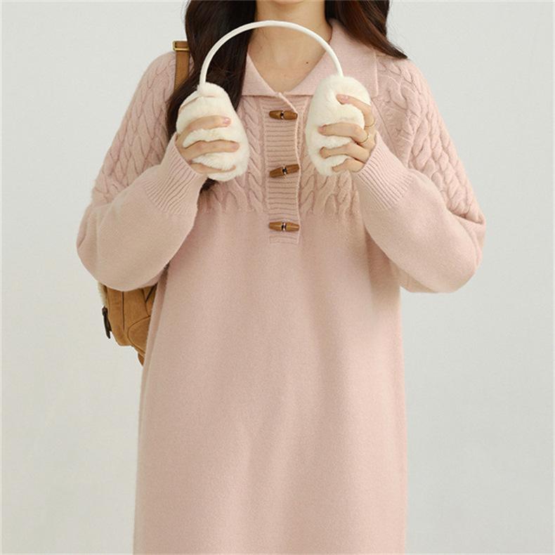 Women's Elegant Twisted Knit Sweater Dress - Petite, Versatile, Slimming, and Thickened for Autumn/Winter.