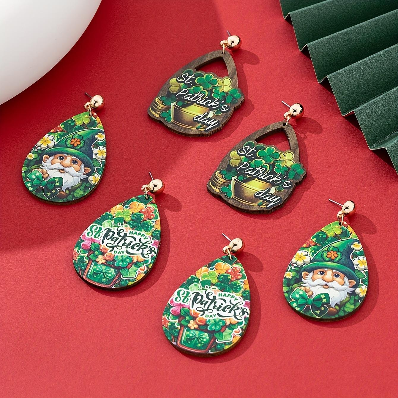

1 set of 3 pairs of St. Patrick s Day dress earrings Lucky Clover Print Premium Wooden Drops
