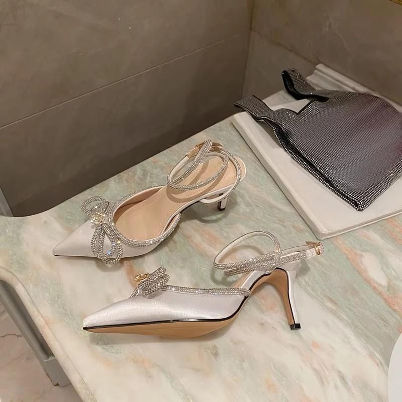 Fashion Eilyken Style Glitter Rhinestones Silk Transparent Pumps Women Crystal Bowknot Satin High Heels Party Prom Stripper Shoes