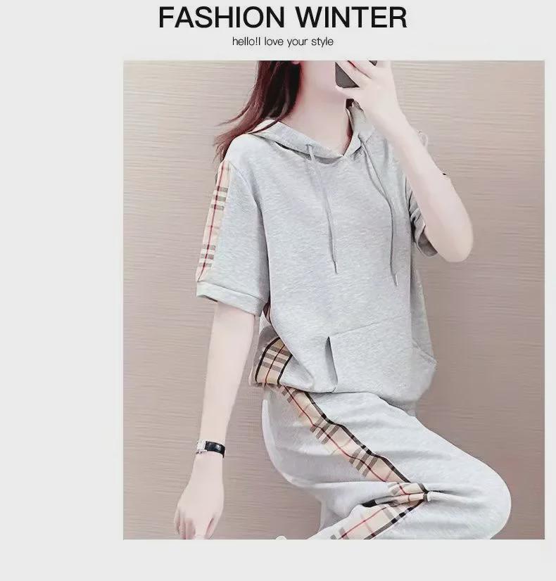 Women's 2025 Summer Stylish Two-Piece Casual Set: Loose Short Sleeve Hooded Sweatshirt Sportswear