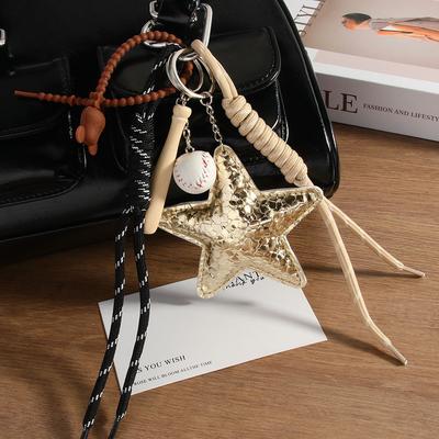Vielseitige Mode PU großer Stern Baseball geflochtenes Seil Miu-Stil Tasche Anhänger Lanyard Kreativer Handy-Anhänger
