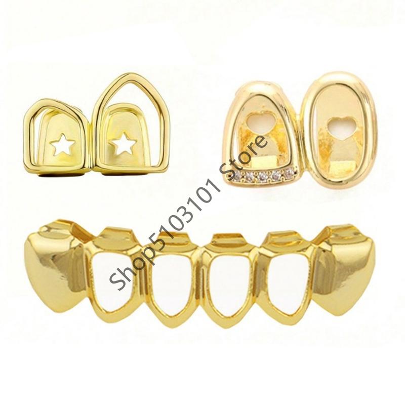 DIY Glossy Teeth Grillz Hip Hop Gold Silver Color Top Bottom Tooth Caps For Women Men Jewelry Halloween Cosplay Gift