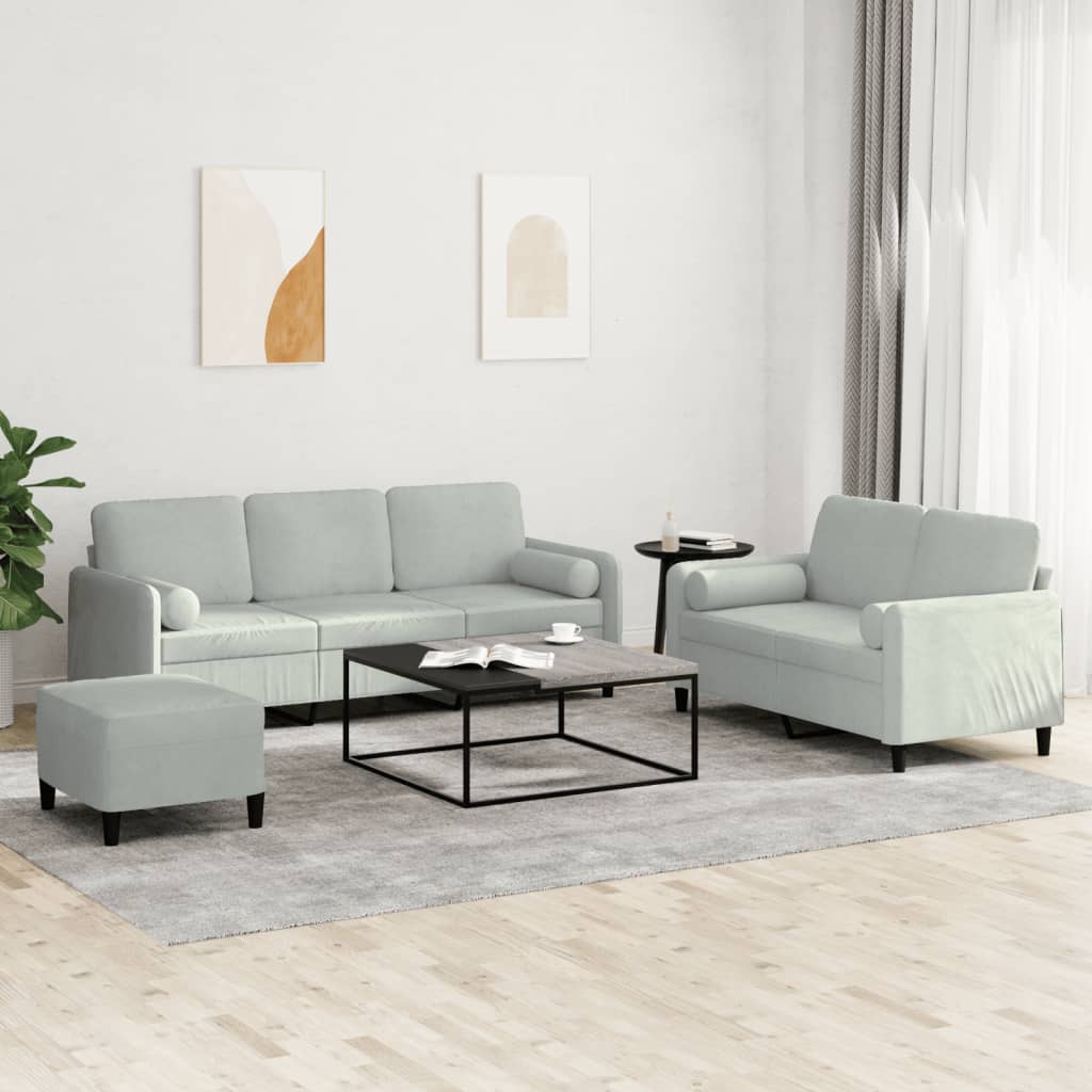 3 Piece Sofa Set with Cushions Light Grey Velvet