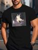 The Cat Smokes and Drinks Graphic Print T-shirt, Short Sleeve Crew Neck Casual Top for Summer & Spring T-shirt for Men