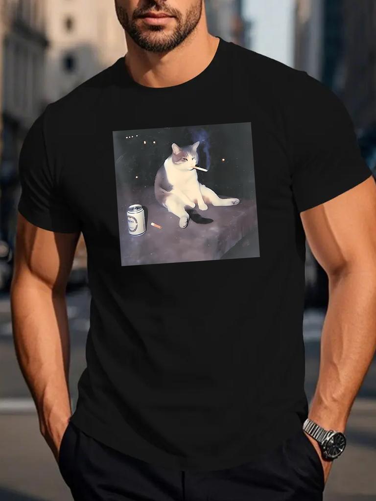 The Cat Smokes and Drinks Graphic Print T-shirt, Short Sleeve Crew Neck Casual Top for Summer & Spring T-shirt for Men