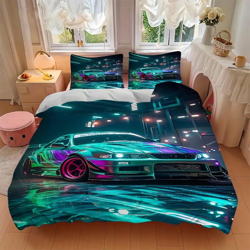 3pcs Neon Racing Bedding Set, Includes 1 Comforter + 2 Pillowcases, Without Pillow Inserts, Soft Comfortable, Lightweight Breathable, Printe
