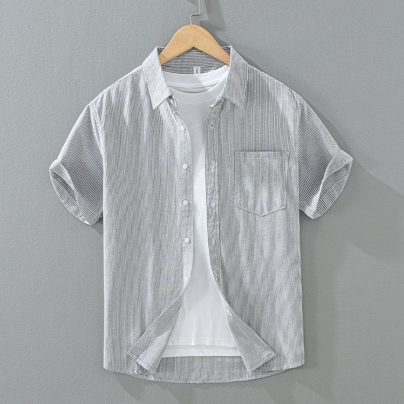 Foreign Trade Surplus Summer Vertical Striped Business Casual Short-Sleeve Men's Shirt, High-End Pure Cotton Half-Sleeve Commuter Shirt