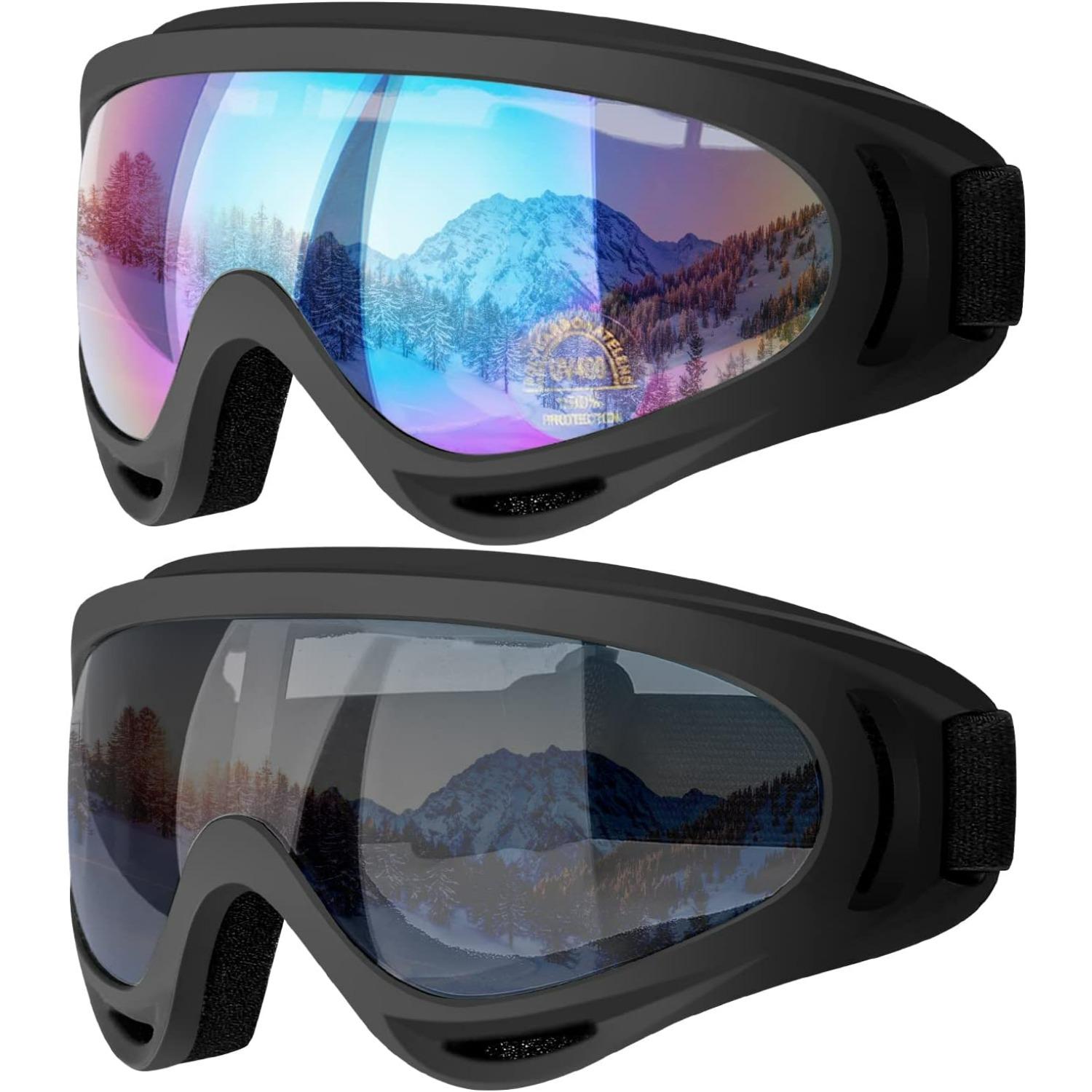 Ski Goggles, 2 Pack Snow Goggles Snowboard Goggles for Men Women Kids - UV Protection Foam Anti-Scratch Dustproof 2-Pack
