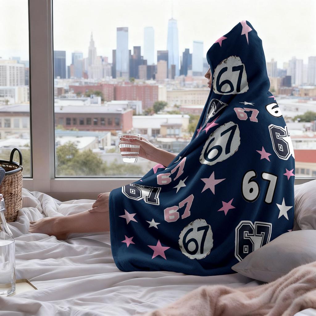 1Pc Six Seven Element Printed Hooded Flannel, Wearable Cape Blanket, Soft And Warm, Multi Size Nap And Leisure Blanket