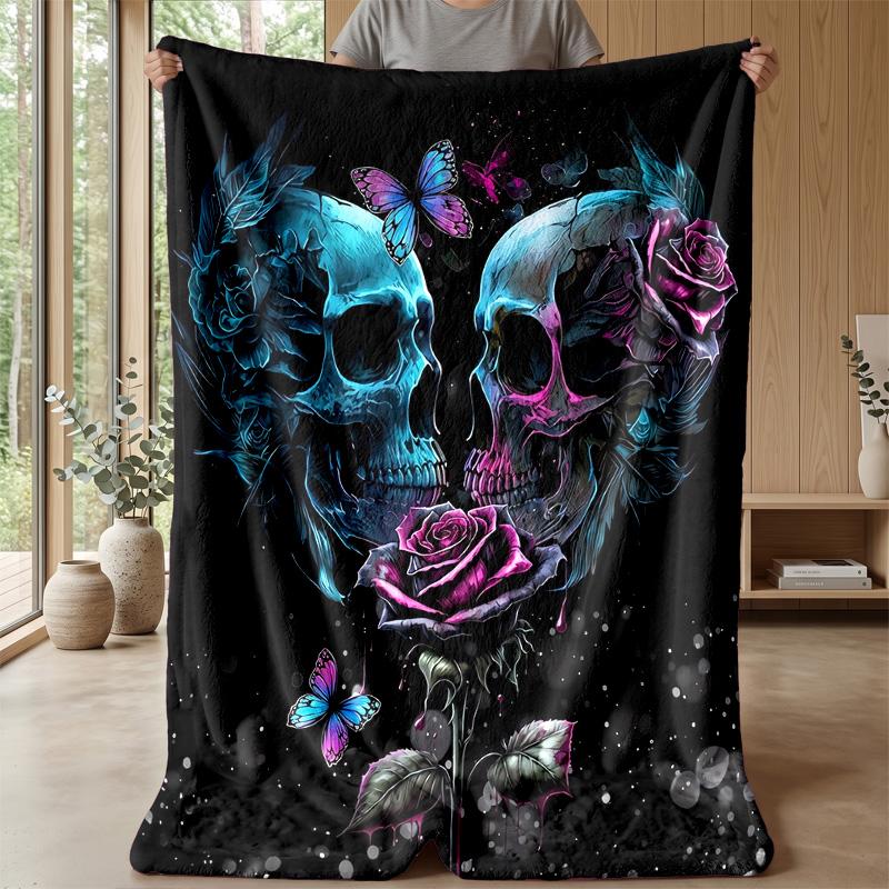 Skulls and Floral Butterflies Theme blanket Lightweight Warm Flannel Blanket Decorative Throw Blanket for Home Decoration