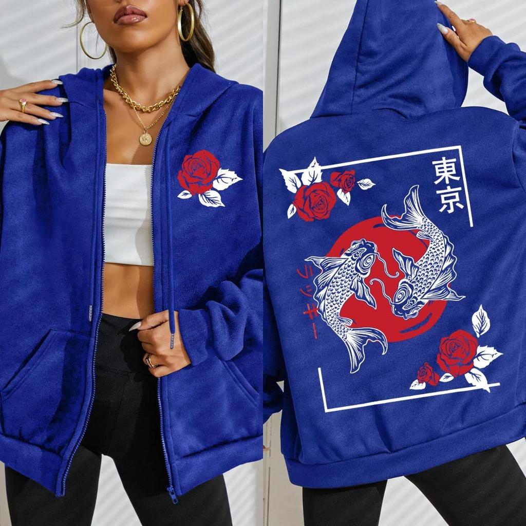 Tokyo Koi Fish Rose Harajuku Pattern Women Hoodie Street Oversize Hoodies Zipper Fleece Hoody Soft Woman Clothing