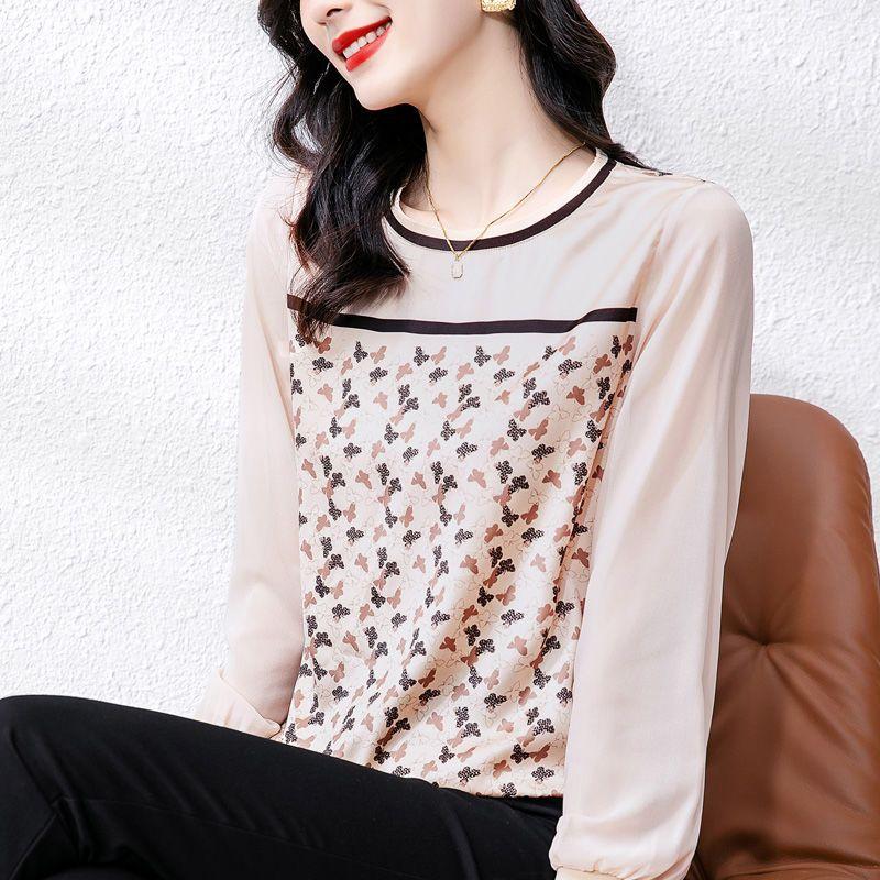 Vintage Butterfly Printed Spliced T-shirt Spring Autumn Long Sleeve Commute Female Clothing Round Neck Korean Loose Pullovers