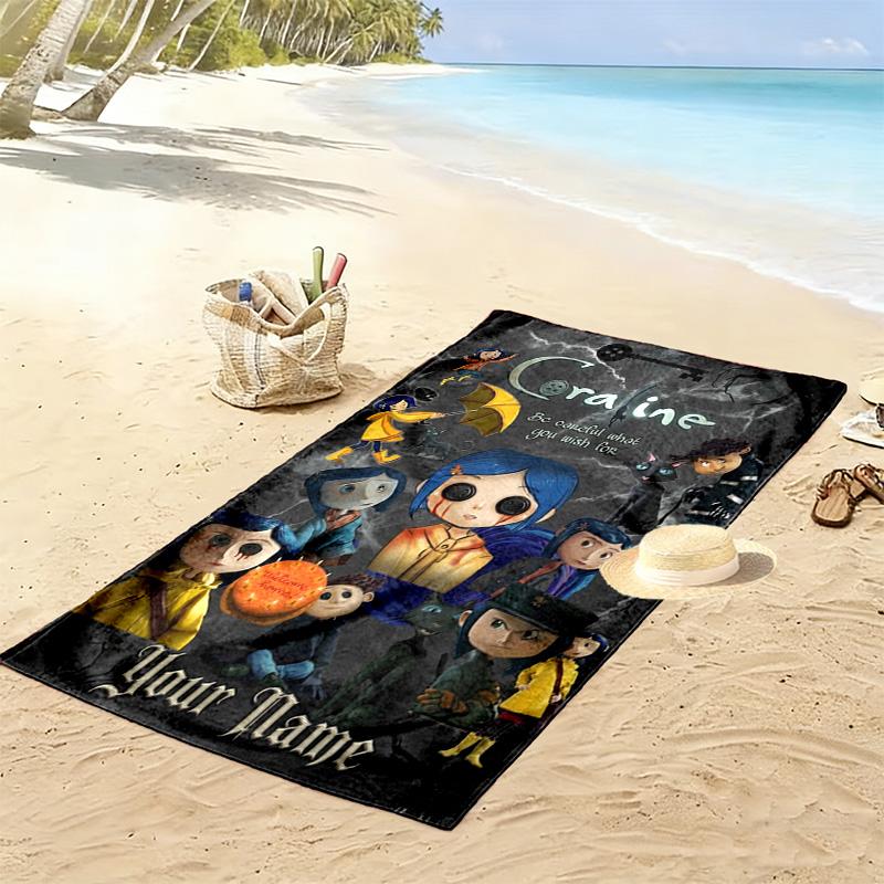 Name Custom Cartoon Coraline Print Beach Towel, Large Soft Quick Dry Towel for Beach Camping Swimming