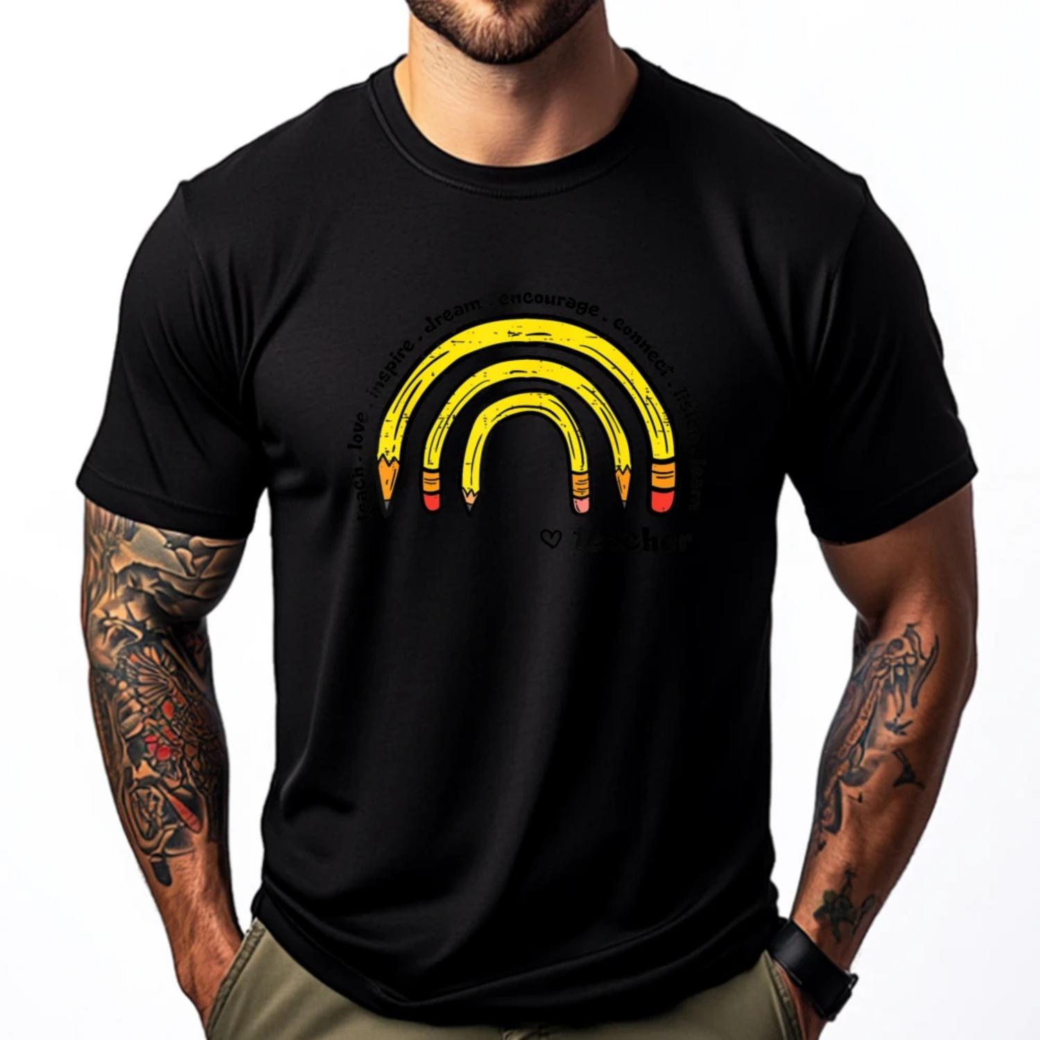 

Rainbow Pencils Heart Teacher Teach Love Inspire Street Wear T Shirt Men s Clothing Printing XXXXXL чорний