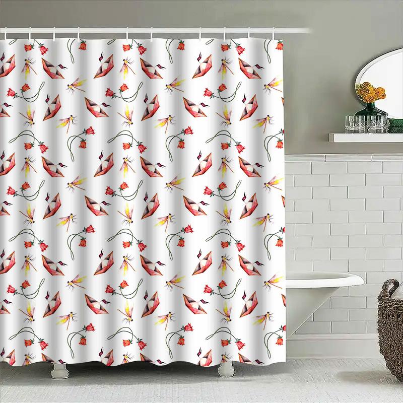 Artistic Bird Flower Print Shower Curtain Bathroom Decor Waterproof Fabric White/Red Floral Pattern Shower Curtains For Home Dec