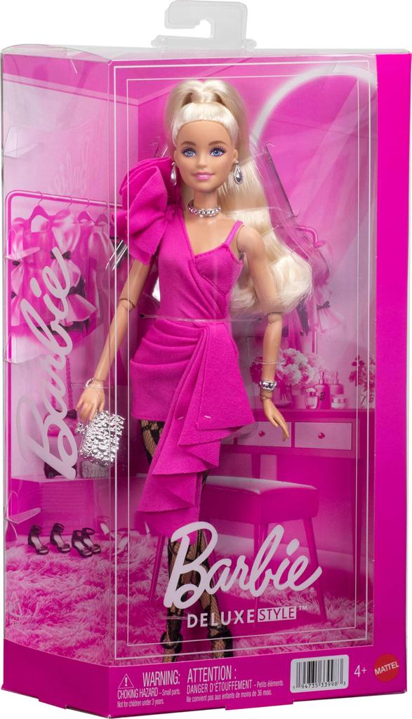 Mattel Barbie Deluxe Style Doll JJN73, Pink Asymmetrical Mini Dress, Black Lace Tights, Blonde Ponytail, Barbiecore, Ages 4+