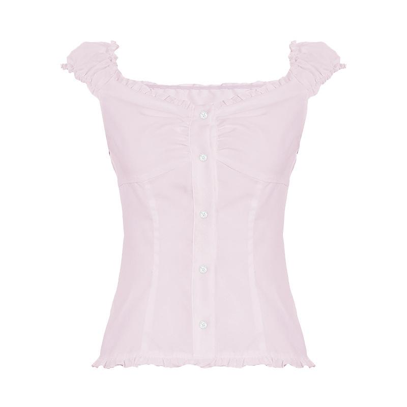 

Женская футболка с V-образным вырезом, пуговицами, милая и симпатичная, с французскими деревянными ушками, рукавами-буфами S розовый