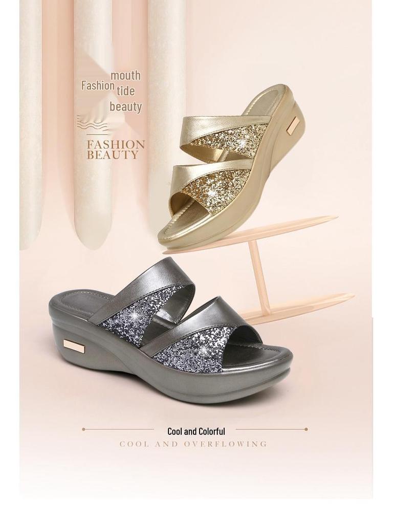 Women's 2023 Summer Fashion Peep-Toe Sequin Wedge Slippers - Thick-Soled Platform, Easy-to-Match Outdoor Style.