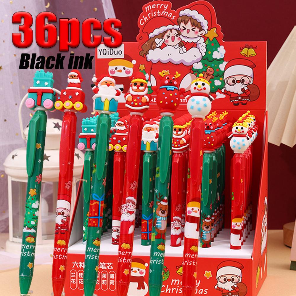 36Pcs Cartoon Christmas Scalable Ballpoint Pens, 0.5mm Fine Point ST Head Press, Santa Claus Snowman Patch Pen for Office Signature School Students Ch