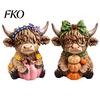 Fine Carving Wood Art 2PCS Highland Cow Ornament, Wooden Rustic Style Figurine, Thanksgiving Home Decoration Theme Art, for Entrance Living Room Decor