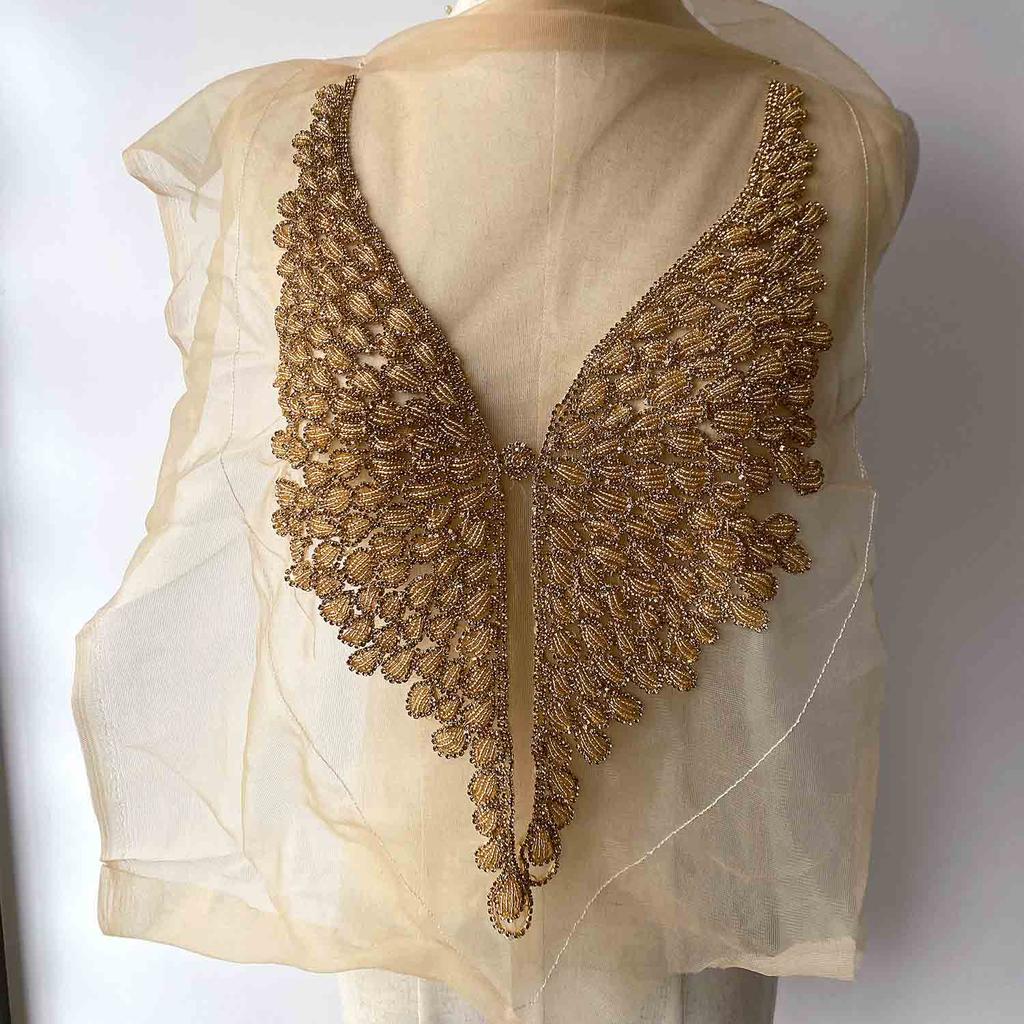 Beaded Rhinestone Crystal Fabric Bodice Applique Rose Gold Panel Pedreria Hand-Sewn Shank Style Corset Wedding Dress Evening