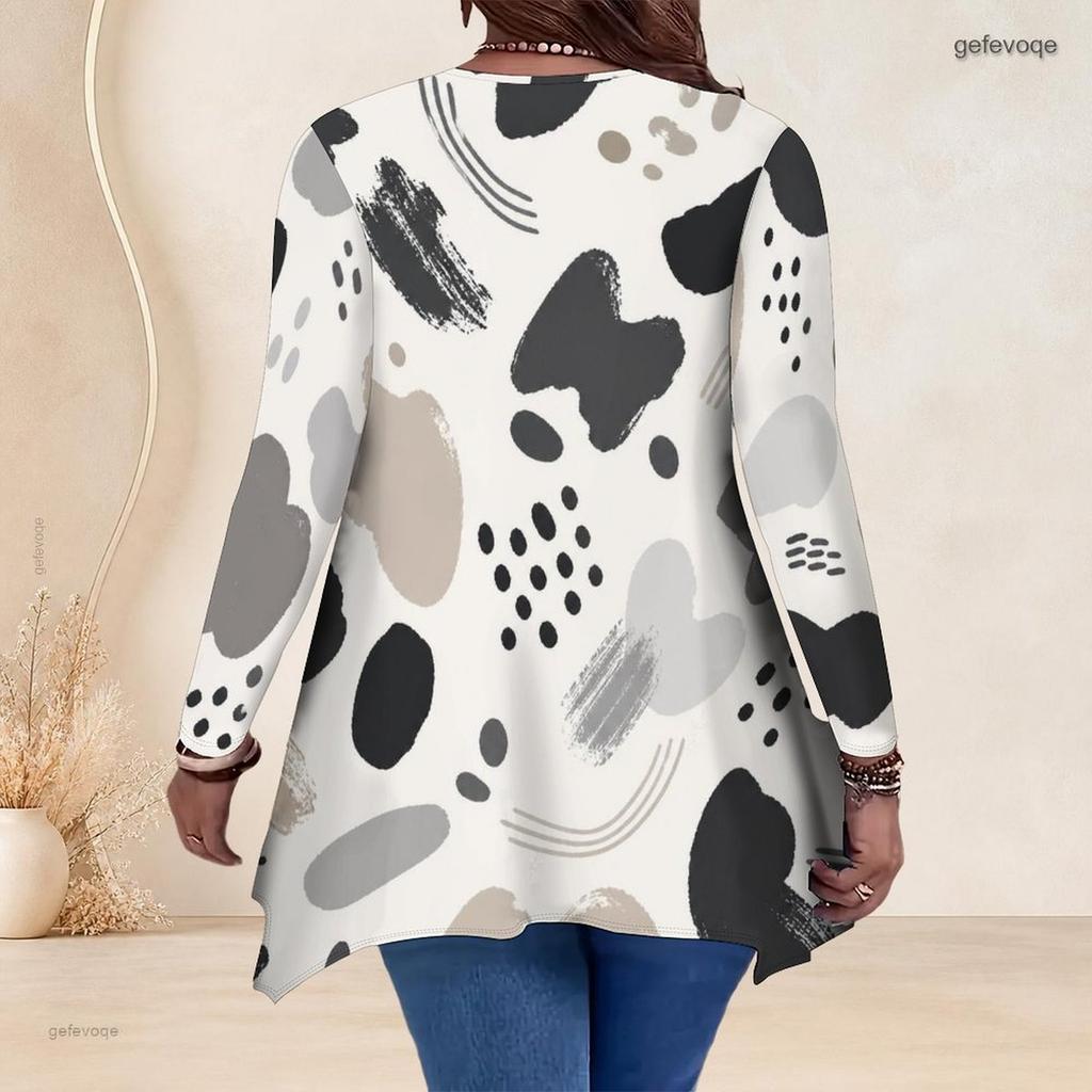 Women Plus Size V Neck Long Sleeve Abstract Leaf Print Irregular Hem Tunic Top
