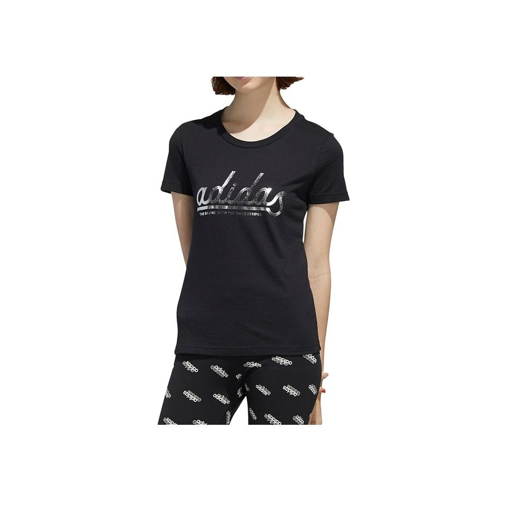 Adidas Letter Logo Print Cotton Short Sleeve T-Shirt Women Tops Black FM6176