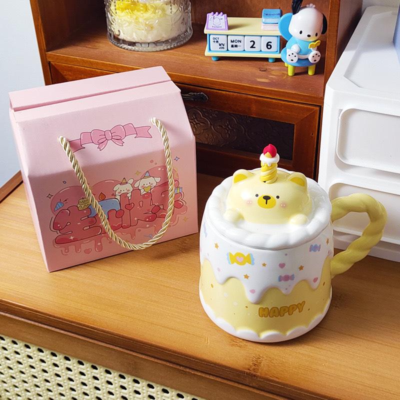 Roztomilý hrnek na narozeninový dort s víčkem a lžičkou, kreslený zvířátkový keramický hrnek na kávu, vysoce vypadající kancelářský hrnek na vodu