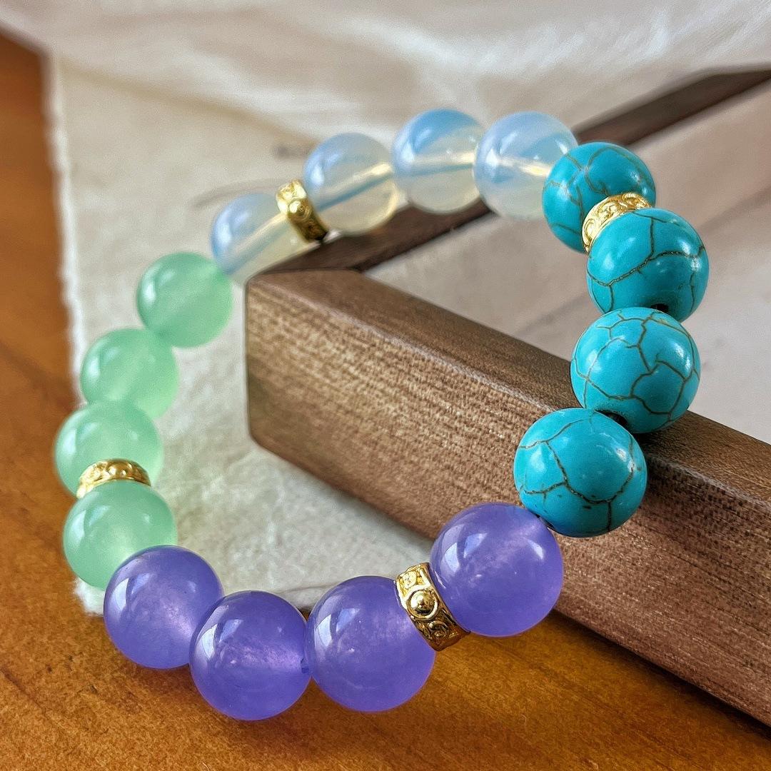 Chinese Vintage Happy Dopamine Summer Quartzite Artificial Moonstone Turquoise Contrast Bracelet For Women