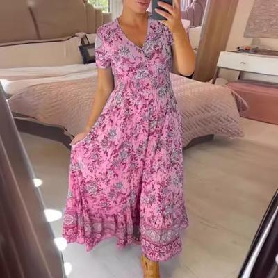 Kadın Elbise V Yaka Çiçek Baskı Yüksek Bel Fırfır Kenar A-line Büyük Salıncak Etek Pilili Ayak Bileği Uzunluğu Kalma Plaj Maxi Elbise