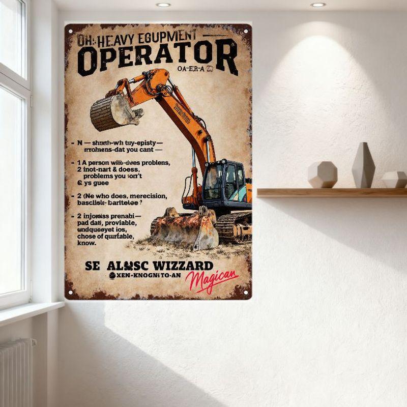 Vintage Metal Tin Sign Heavy Equipment Operator with Excavator & Whimsical Nonsense Text, Funny Home Bar Man Cave Decor for Cons