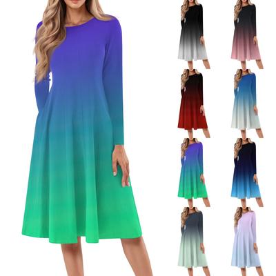 Women's Casual Fashion Round Neck Long Sleeve Print Midi Dress