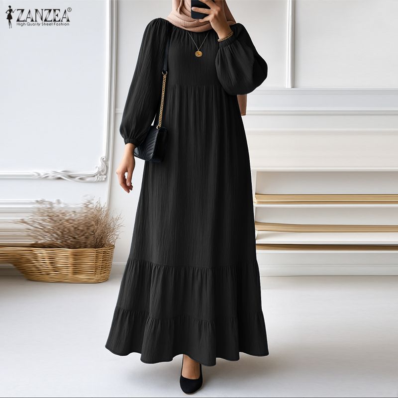 ZANZEA Women Casual Round Neck Solid Color Loose Long Sleeve Long Dress