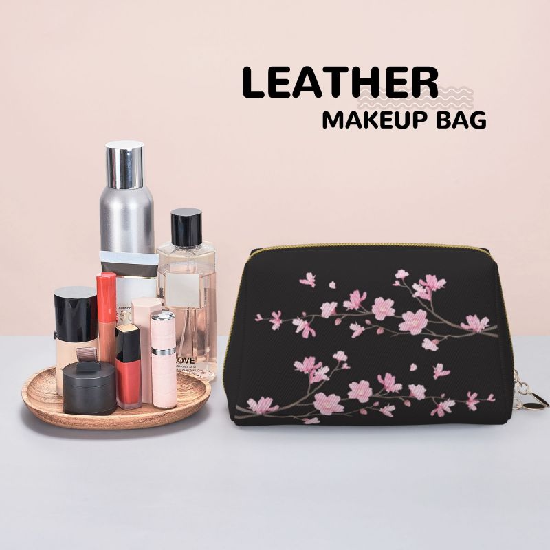 Japanese Sakura Cherry Blossom Leather Makeup Bag Women Foldable Waterproof Travel Storage Pouch Portable Toiletry Cosmetic Bag