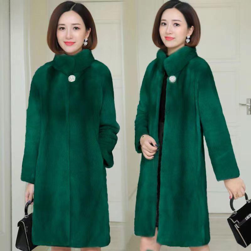 Autumn and Winter New Imitation Fur Coat Women's Medium and Long Imitation Mink Hair Mink Women's Clothing Thin Stand-up Collar Coat Medium and Old