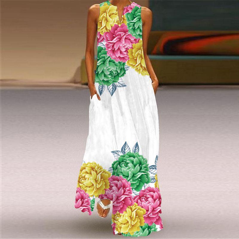 New Chinese Style Printed V-neck Multi-Color Sexy Sleeveless Dress
