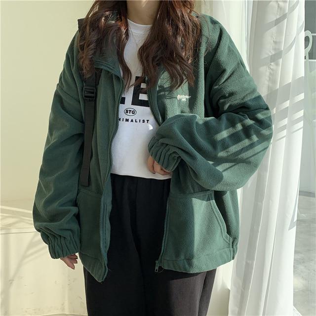 Chaquetas mujeres sueltas más terciopelo bolsillos de cremallera carta  casual oversize BF Ulzzang Harajuku Daily Streetwear Mujeres de moda  comprar a buen precio — entrega gratuita, reseñas reales con fotos — Joom