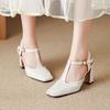 Krazing Pot Sheepskin Square Toe Size 41 High Heels Hollow Out Decoration Super High Heels Breathable Autumn Pumps