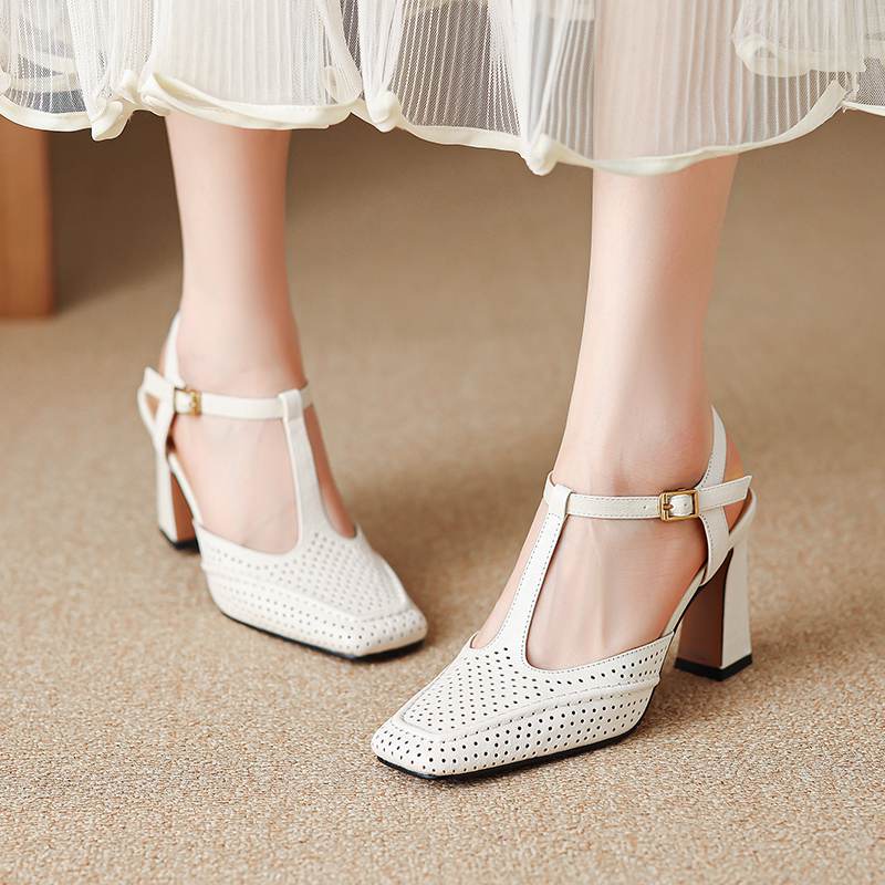 Krazing Pot Sheepskin Square Toe Size 41 High Heels Hollow Out Decoration Super High Heels Breathable Autumn Pumps