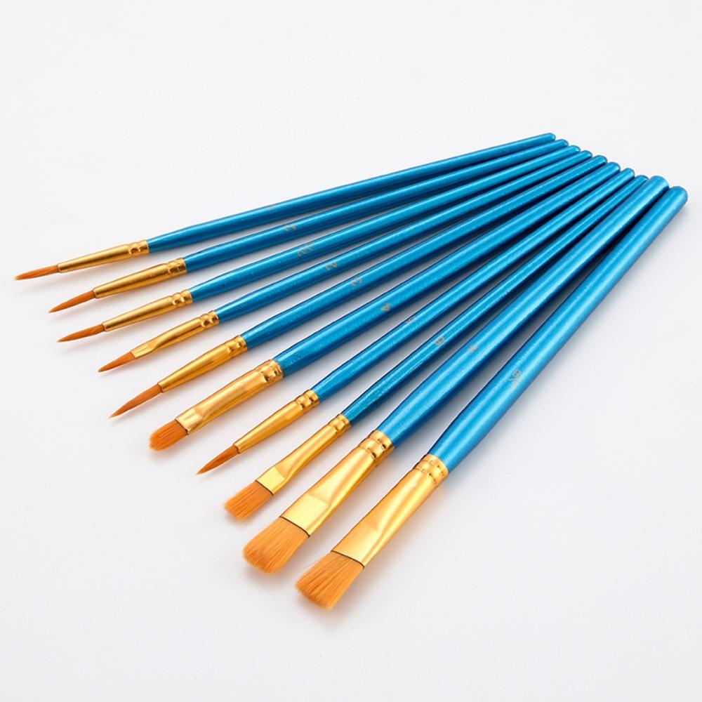 10 Nylon Brush Sets, Wooden Poles, Watercolor Paint, Oil Painting Brushes, Student Art Painting Brushes