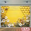 2D Bienen- und Gänseblümchen-Hintergrund, Waben- und Gelbholz-Party-Hintergrund