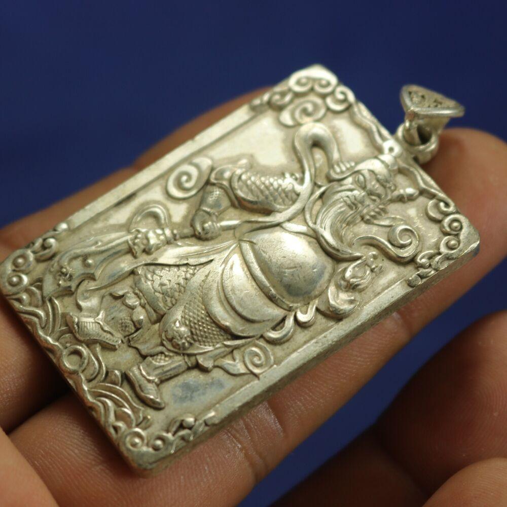 Chinese Tibet Silver Carved Armored Guan Gong Statues Amulet Necklace Pendant