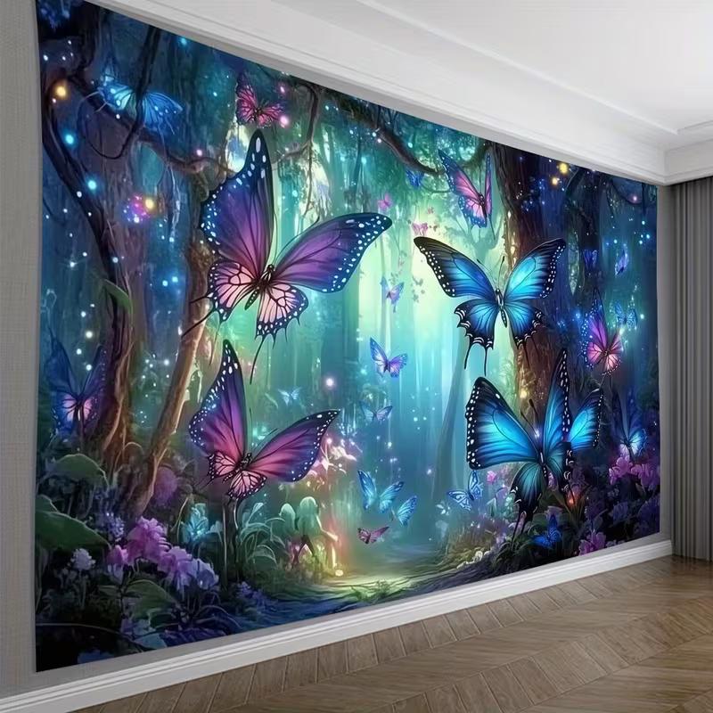 2D Magical Butterfly Forest Tapestry, Glowing Fantasy Wall Hanging 47.2x31.5inch/120*80cm
