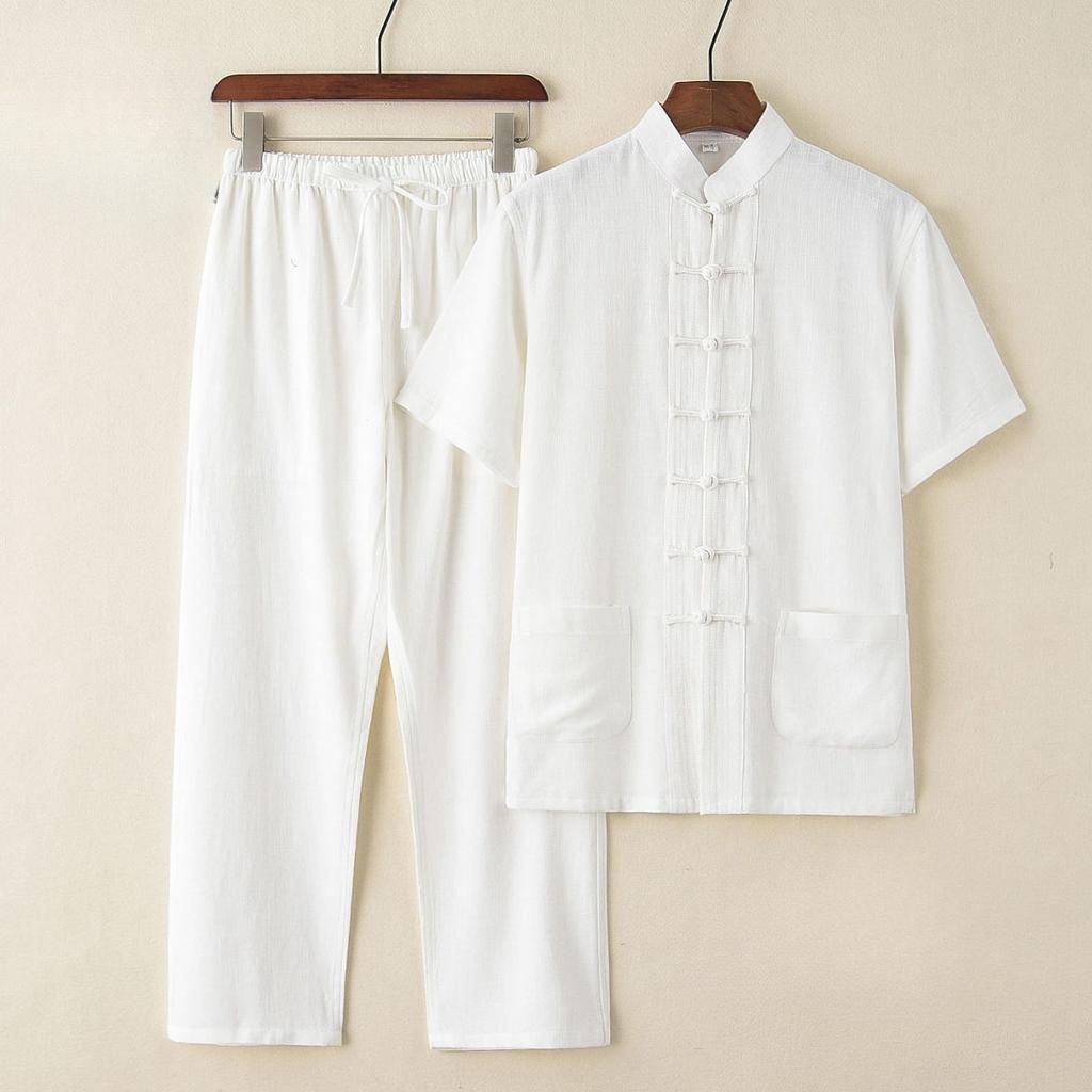 Men's Chinese-Style Summer Cotton-Linen Two-Piece: Retro Embroidered Short-Sleeve Top with Pants, Men's Tang Suit Set