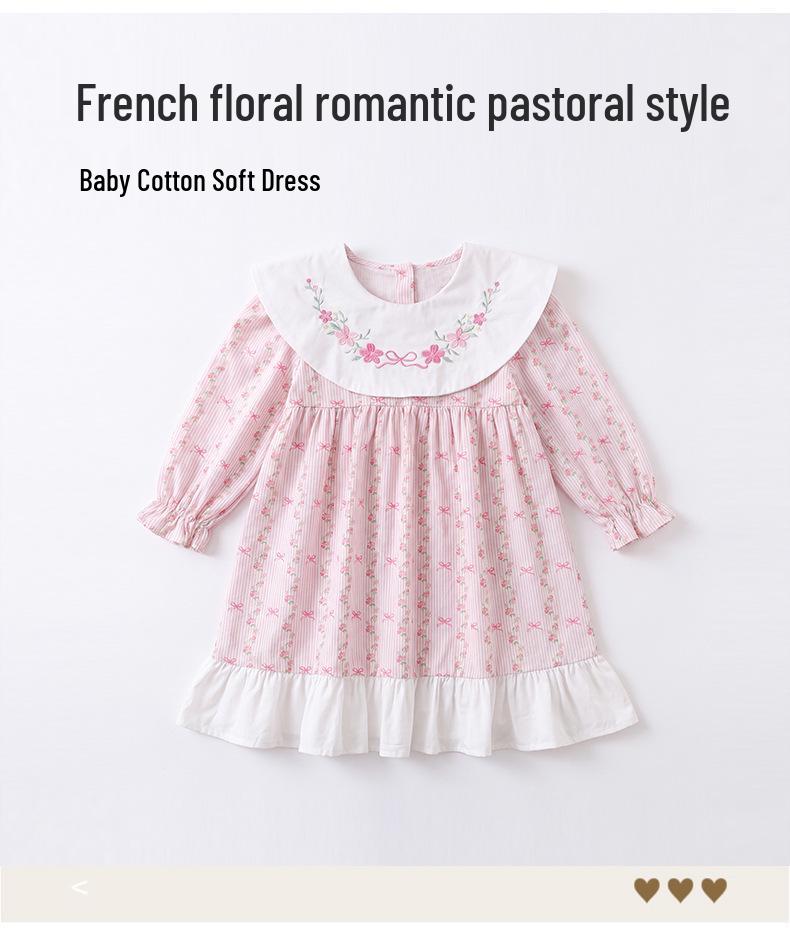 2026 Autumn Korean Style Girls' Floral Embroidery Dress with Doll Collar and Long Sleeves
