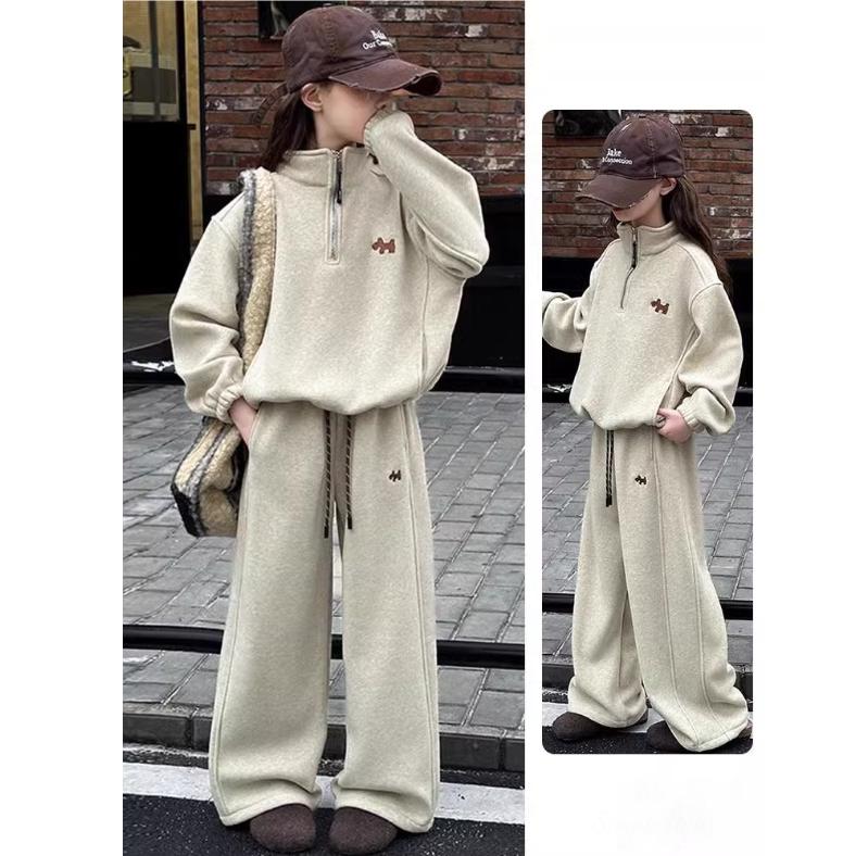 Autumn Teenager Cloth Children Set Loose Dog Turtleneck Sweatshirt Hooded + Wide Leg Pant Suit Tracksuit