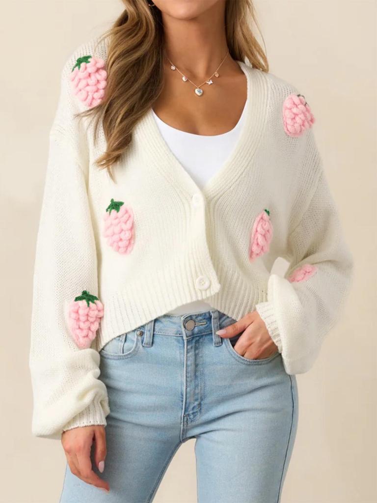 Women's Elegant 3D Strawberry Pattern Cardigan - Autumn/Winter 2025 Collection, European/American Style, Button-Up Long Sleeve Knitwear