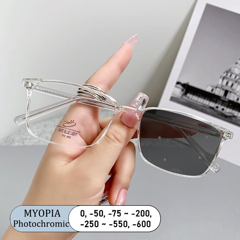 Transparent Tea Square Computer Glasses Anti Blue Ray Eyewear Myopia Optical Spectacle Photochromic Eyeglass for Women Men
