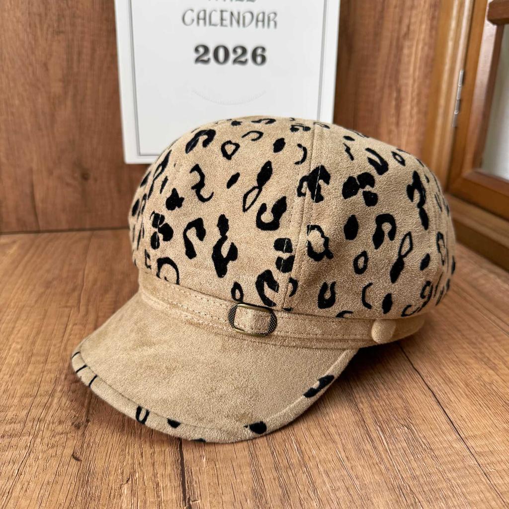 American retro leopard print beret women's autumn and winter four seasons big head circumference showing face small octagonal hat fashionable literary