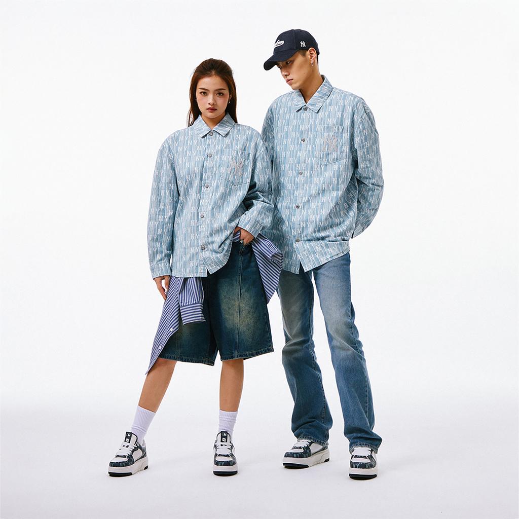 New MLB New York Yankees SS24 Denim Jacket Spring Fall Unisex Light Blue 3ADRM0341-50BLL